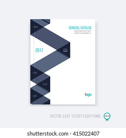 Brochure template layout, cover design annual report, magazine, flyer booklet in A4 with grey black-white dynamic triangular geometric shapes and folding stripe ribbon. Business vector flat style.