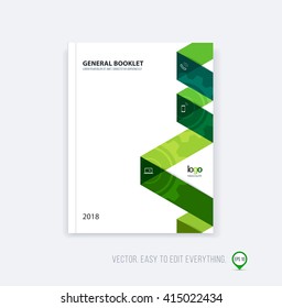 Brochure template layout, cover design annual report, magazine, flyer booklet in A4 with green eco dynamic triangular geometric shapes and folding stripe ribbon. Business vector flat style.