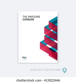 Brochure template layout, cover design annual report, magazine, flyer booklet in A4 with red blue dynamic triangular geometric shapes and folding stripe ribbon. Business vector flat style.