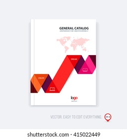 Brochure template layout, cover design annual report, magazine, flyer booklet in A4 with red orange dynamic triangular geometric shapes and folding stripe ribbon. Business vector flat style.