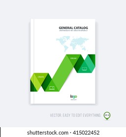 Brochure template layout, cover design annual report, magazine, flyer booklet in A4 with green eco dynamic triangular geometric shapes and folding stripe ribbon. Business vector flat style.