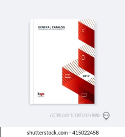 Brochure template layout, cover design annual report, magazine, flyer booklet in A4 with red orange dynamic triangular geometric shapes and folding stripe ribbon. Business vector flat style.