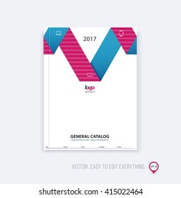 Brochure template layout, cover design annual report, magazine, flyer booklet in A4 with red blue dynamic triangular geometric shapes and folding stripe ribbon. Business vector flat style.