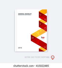 Brochure template layout, cover design annual report, magazine, flyer booklet in A4 with red orange dynamic triangular geometric shapes and folding stripe ribbon. Business vector flat style.