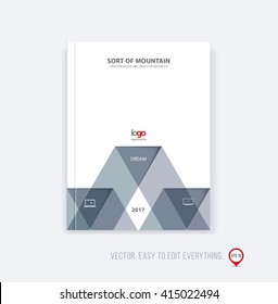 Brochure template layout, cover design annual report, magazine, flyer booklet in A4 with grey black-white dynamic triangular geometric shapes and folding stripe ribbon. Business vector flat style.