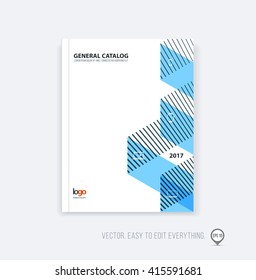 Brochure template layout, cover design annual report, magazine, flyer booklet in A4 with blue dynamic triangular geometric shapes and folding stripe ribbon. Business vector flat style.