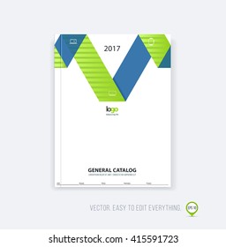 Brochure template layout, cover design annual report, magazine, flyer booklet in A4 with blue green dynamic triangular geometric shapes and folding stripe ribbon. Business vector flat style.
