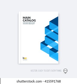 Brochure template layout, cover design annual report, magazine, flyer booklet in A4 with blue dynamic triangular geometric shapes and folding stripe ribbon. Business vector flat style.