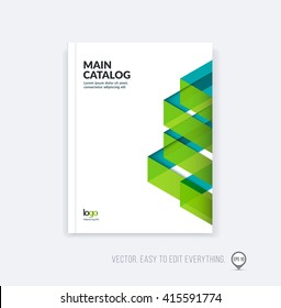 Brochure template layout, cover design annual report, magazine, flyer booklet in A4 with blue green dynamic triangular geometric shapes and folding stripe ribbon. Business vector flat style.