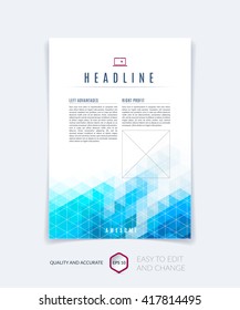 Brochure template layout, cover design annual report, magazine, flyer, leaflet booklet in A4 with blue turquoise colorful triangles texture and polygonal background. Vector Illustration.