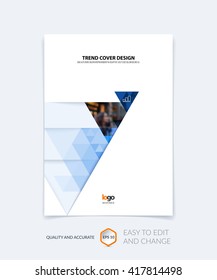 Brochure template layout, cover design annual report, magazine, flyer, leaflet booklet in A4 with blue colorful triangles texture and polygonal background. Vector Illustration.