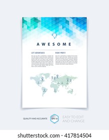 Brochure template layout, cover design annual report, magazine, flyer, leaflet booklet in A4 with blue turquoise colorful triangles texture and polygonal background. Vector Illustration.