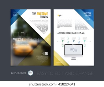 Brochure template layout, cover design annual report, magazine, flyer, leaflet, booklet in A4 with blue yellow  simple diagonal geometric shapes and shadows. Business flat vector