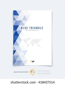 Brochure template layout, cover design annual report, magazine, flyer, leaflet booklet in A4 with blue colorful triangles texture and polygonal background. Vector Illustration.