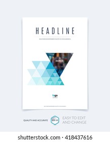 Brochure template layout, cover design annual report, magazine, flyer, leaflet booklet in A4 with blue colorful triangles texture and polygonal background. Vector Illustration.