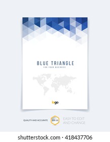 Brochure template layout, cover design annual report, magazine, flyer, leaflet booklet in A4 with blue colorful triangles texture and polygonal background. Vector Illustration.