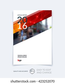 Brochure template layout, cover design annual report, magazine, flyer, leaflet in A4 with red  triangles for business, technology and science and polygonal background. Vector 