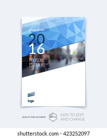 Brochure template layout, cover design annual report, magazine, flyer, leaflet in A4 with blue triangles for business, technology and science and polygonal background. Vector 