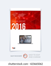 Brochure template layout, cover design annual report, magazine, flyer, leaflet in A4 with red  triangles for business, technology and science and polygonal background. Vector 