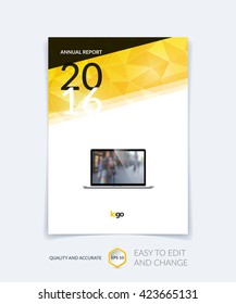 Brochure template layout, cover design annual report, magazine, flyer, leaflet in A4 with yellow triangles for business, technology and science and polygonal background. Vector 
