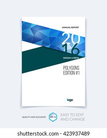 Brochure template layout, cover design annual report, magazine, flyer, leaflet in A4 with blue triangles for business, technology and science and polygonal background. Vector.