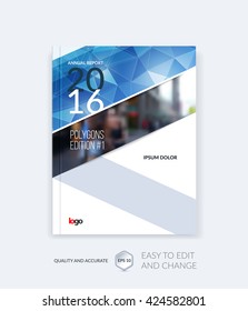 Brochure template layout, cover design annual report, magazine, flyer, leaflet in A4 with blue triangles for business, technology and science and polygonal background. Vector.