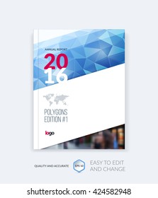 Brochure template layout, cover design annual report, magazine, flyer, leaflet in A4 with blue triangles for business, technology and science and polygonal background. Vector.