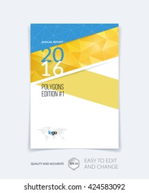 Brochure template layout, cover design annual report, magazine, flyer, leaflet in A4 with triangles for business, technology and science and polygonal background. Vector.
