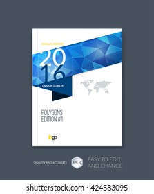 Brochure template layout, cover design annual report, magazine, flyer, leaflet in A4 with blue triangles for business, technology and science and polygonal background. Vector 
