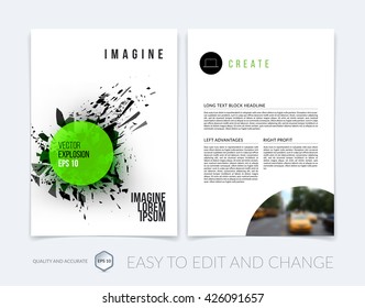 Brochure template layout, cover design annual report, magazine, flyer, leaflet in A4 with abstract explosion cloud of black pieces on white background. Grunge vector illustration.