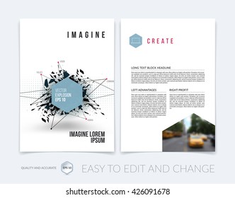 Brochure template layout, cover design annual report, magazine, flyer, leaflet in A4 with blue abstract explosion cloud of black pieces on white background. Grunge vector illustration.