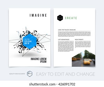 Brochure template layout, cover design annual report, magazine, flyer, leaflet in A4 with blue abstract explosion cloud of black pieces on white background. Grunge vector illustration.
