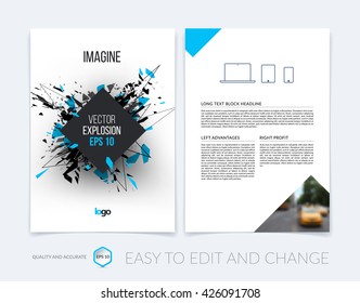 Brochure template layout, cover design annual report, magazine, flyer, leaflet in A4 with abstract explosion cloud of black pieces on white background. Grunge vector illustration.