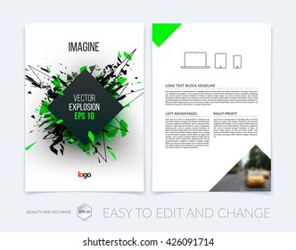 Brochure template layout, cover design annual report, magazine, flyer, leaflet in A4 with abstract explosion cloud of black pieces on white background. Grunge vector illustration.