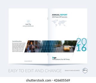 Brochure template layout, cover design annual report, magazine, flyer, leaflet in A4 with blue triangles for business, technology and science with overlay transparency effect. Vector.