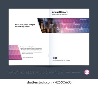 Brochure template layout, cover design annual report, magazine, flyer, leaflet in A4 with purple blue triangles for business, technology and science with overlay transparency effect. Vector.