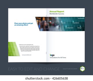 Brochure template layout, cover design annual report, magazine, flyer, leaflet in A4 with blue green triangles for business, technology and science with overlay transparency effect. Vector.