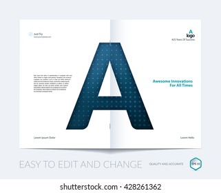 Diseño de Plantilla de folleto, informe anual de diseño de portada, revista, volante, folleto en A4 con letra de carácter A para negocios, tecnología y ciencia con efecto de transparencia superpuesta. Vector.