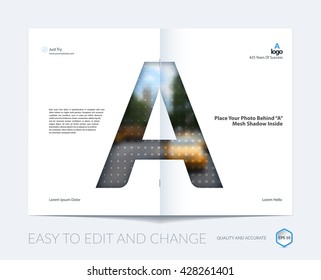 Brochure template layout, cover design annual report, magazine, flyer, leaflet in A4 with A character letter for business, technology and science with overlay transparency effect. Vector.
