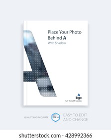 Brochure template layout, cover design annual report, magazine, flyer, leaflet in A4 with blue A character letter for business, technology and science with overlay transparency effect. Vector.