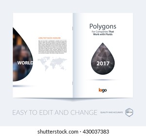 Brochure template layout, cover design annual report, magazine, flyer, leaflet in A4 with polygonal fluid oil drop, water droplet, raindrop, for business and science with overlay effect. Vector.