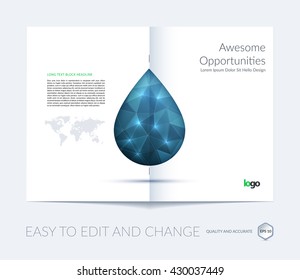 Brochure template layout, cover design annual report, magazine, flyer, leaflet in A4 with polygonal fluid oil drop, water droplet, raindrop, for business and science with overlay effect. Vector.
