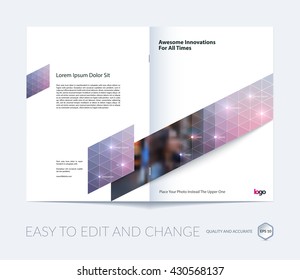 Brochure template layout, cover design annual report, magazine, flyer, leaflet in A4 with blue red triangles for business, technology and science with overlay transparency effect. Vector.