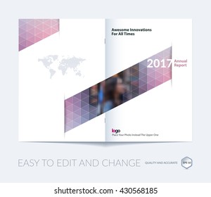 Brochure template layout, cover design annual report, magazine, flyer, leaflet in A4 with blue red triangles for business, technology and science with overlay transparency effect. Vector.