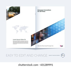 Brochure template layout, cover design annual report, magazine, flyer, leaflet in A4 with blue triangles for business, technology and science with overlay transparency effect. Vector.