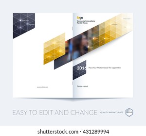 Brochure template layout, cover design annual report, magazine, flyer, leaflet in A4 with orange grey triangles for business, technology and science with overlay transparency effect. Vector.
