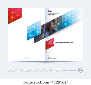 Brochure template layout, cover design annual report, magazine, flyer, leaflet in A4 with blue triangles for business, technology and science with overlay transparency effect. Vector.