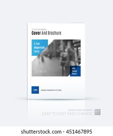 Brochure template layout, cover design annual report, magazine, flyer or booklet in A4 with blue squares, rectangles and overlap effect for business with industrial and modern concept. Vector.
