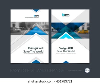 Brochure Template Layout, Cover Design Annual Report, Magazine, Flyer Or Leaflet In A4 With Blue Arrows, Triangles With Overlap Effect For Business With Industrial And Modern Concept. Vector Set.