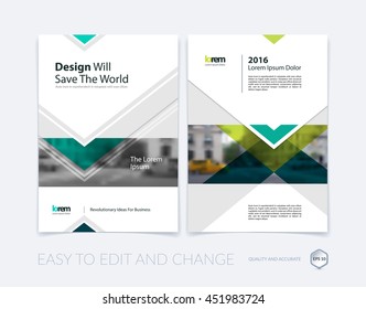 Brochure template layout, cover design annual report, magazine, flyer or leaflet in A4 with green arrows, triangles with overlap effect for business with industrial and modern concept. Vector set.